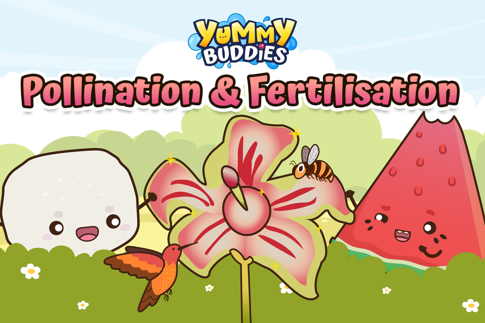 Title card for "Pollination & Fertilisation" featuring Bouncy and Merry gathered behind a large flower visited by a bee and a hummingbird.